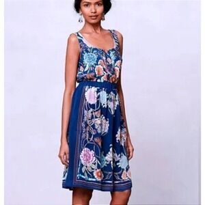 Moulinette Soeurs Navy Floral Silk Dress Womens Medium Gathered Waist Sleeveless